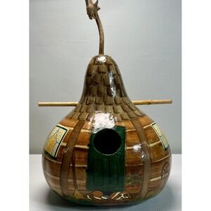 Vintage Hand Painted Gourd Birdhouse Cabin Folk Art Bear Dog Rustic Log Home Dec